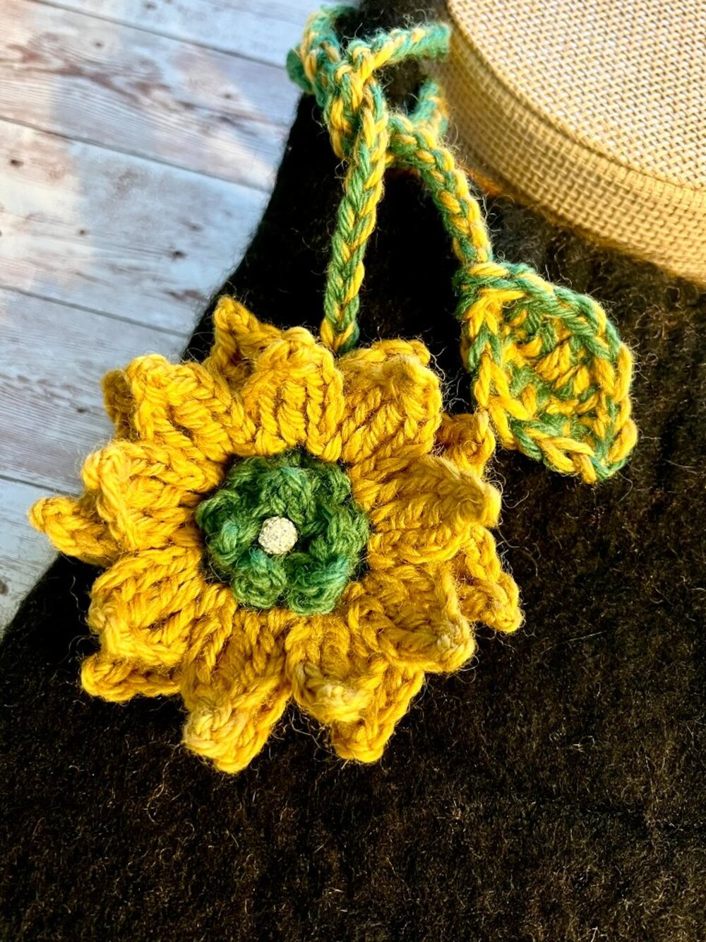 SUNFLOWER HANDMADE TIE-ON BAG CHARM in Yellow and Green with Rhinestone Charm